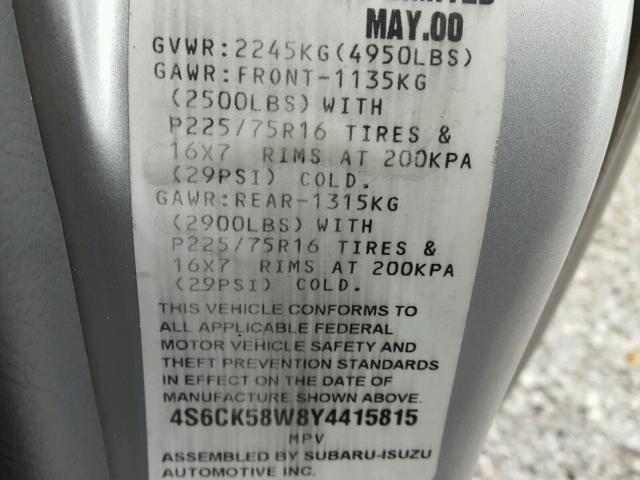 4S6CK58W8Y4415815 - 2000 HONDA PASSPORT E SILVER photo 10