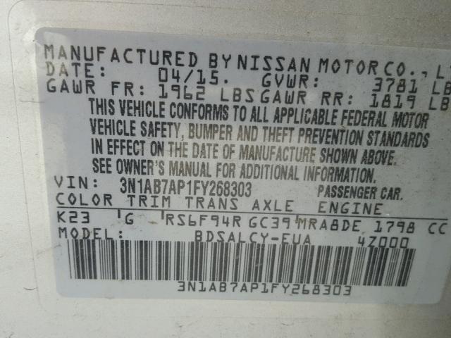 3N1AB7AP1FY268303 - 2015 NISSAN SENTRA S SILVER photo 10