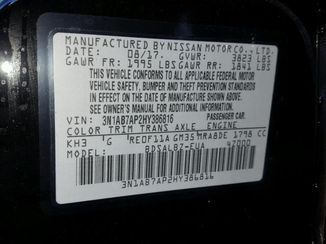 3N1AB7AP2HY386816 - 2017 NISSAN SENTRA S BLACK photo 10