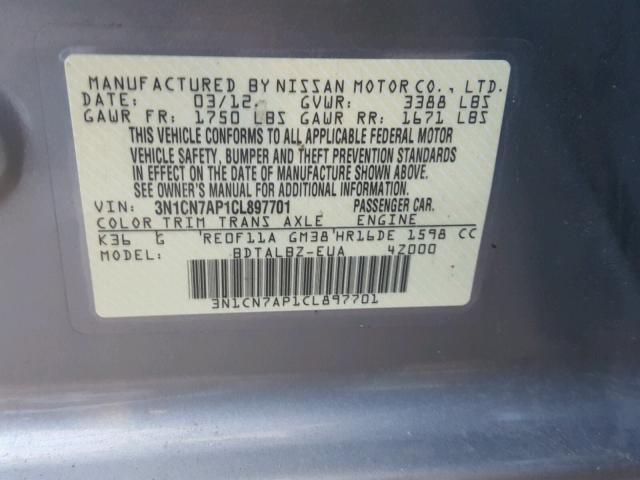 3N1CN7AP1CL897701 - 2012 NISSAN VERSA S GRAY photo 10