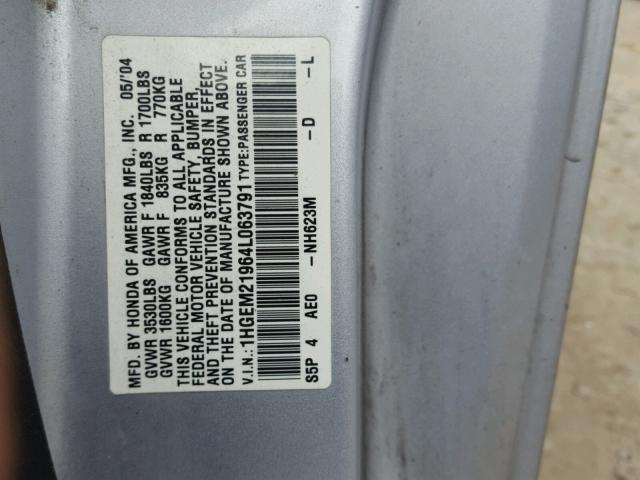 1HGEM21964L063791 - 2004 HONDA CIVIC EX SILVER photo 10