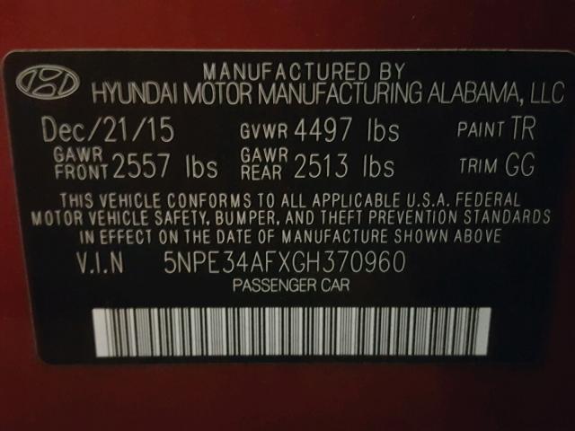 5NPE34AFXGH370960 - 2016 HYUNDAI SONATA SPO RED photo 10