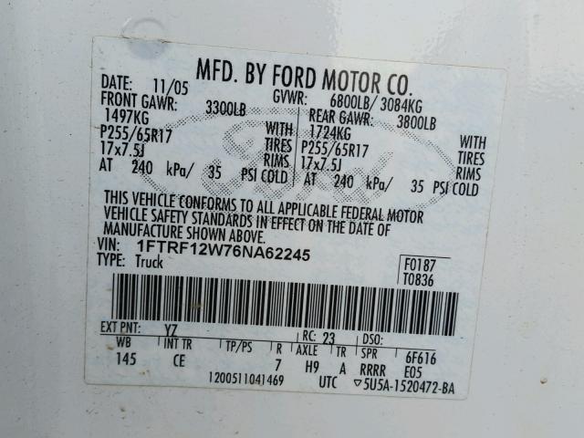 1FTRF12W76NA62245 - 2006 FORD F150 WHITE photo 10