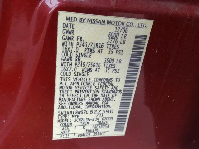 5N1AR18W67C627590 - 2007 NISSAN PATHFINDER RED photo 10