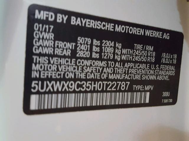5UXWX9C35H0T22787 - 2017 BMW X3 XDRIVE2 WHITE photo 10