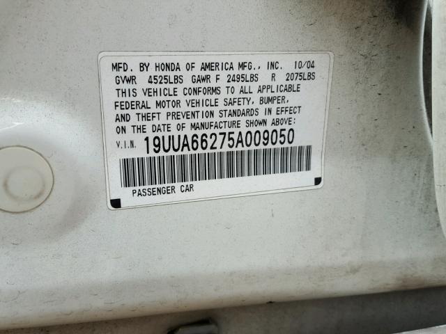 19UUA66275A009050 - 2005 ACURA TL WHITE photo 10