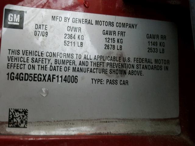 1G4GD5EGXAF114006 - 2010 BUICK LACROSSE C RED photo 10