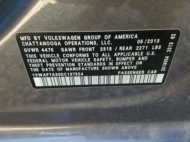 1VWAP7A30DC137524 - 2013 VOLKSWAGEN PASSAT S GRAY photo 10