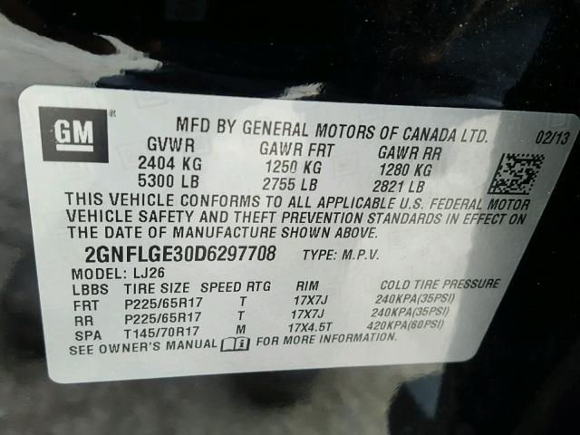 2GNFLGE30D6297708 - 2013 CHEVROLET EQUINOX LT BLACK photo 10