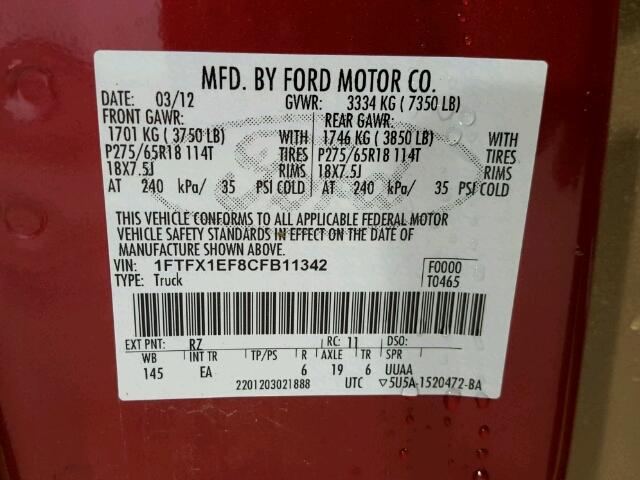 1FTFX1EF8CFB11342 - 2012 FORD F150 SUPER RED photo 10