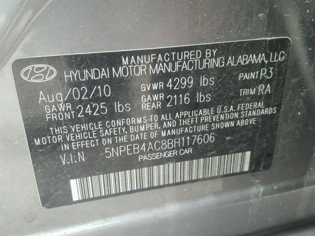 5NPEB4AC8BH117606 - 2011 HYUNDAI SONATA GLS GRAY photo 10