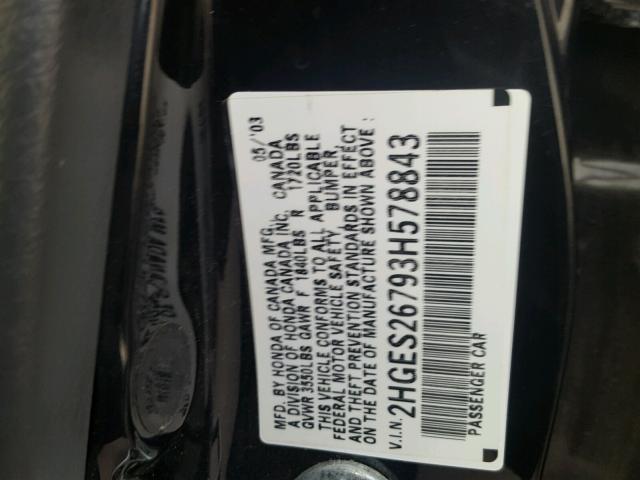 2HGES26793H578843 - 2003 HONDA CIVIC EX BLACK photo 10