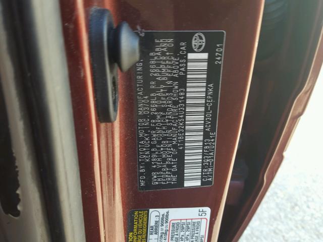 4T1BE32K54U331483 - 2004 TOYOTA CAMRY LE BURGUNDY photo 10