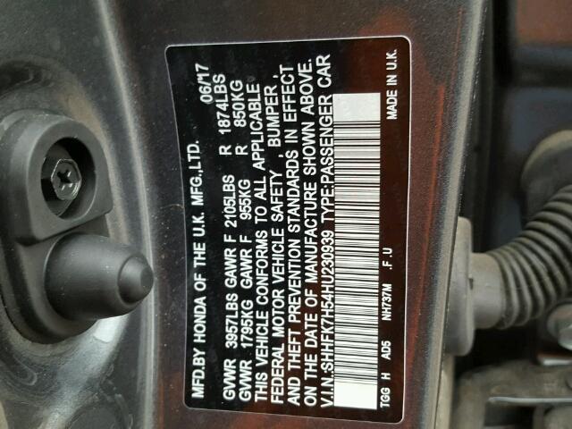 SHHFK7H54HU230939 - 2017 HONDA CIVIC EX GRAY photo 10