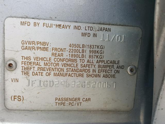 JF1GD29632G520067 - 2002 SUBARU IMPREZA WR SILVER photo 10