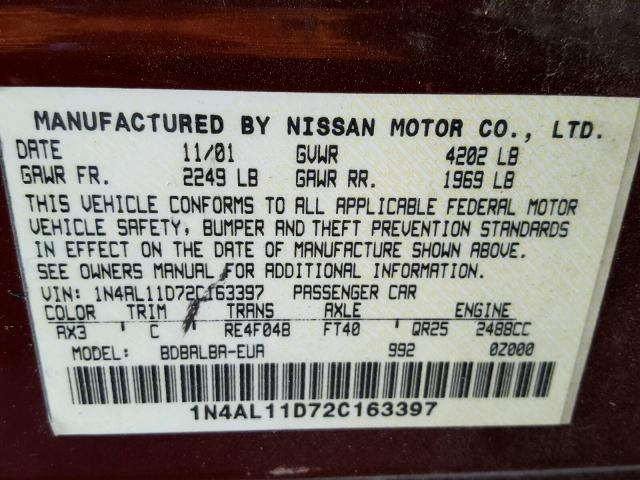 1N4AL11D72C163397 - 2002 NISSAN ALTIMA BAS MAROON photo 10