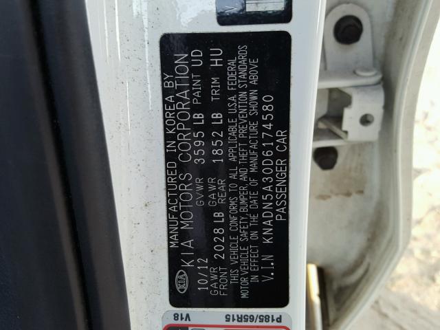 KNADN5A30D6174580 - 2013 KIA RIO EX WHITE photo 10