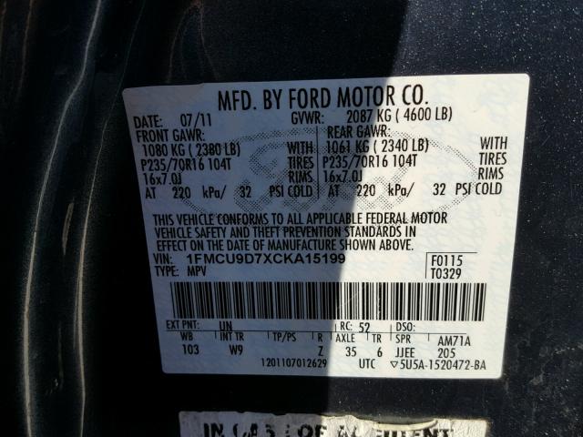 1FMCU9D7XCKA15199 - 2012 FORD ESCAPE XLT BLUE photo 10