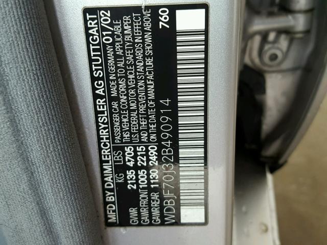 WDBJF70J32B490914 - 2002 MERCEDES-BENZ E 430 SILVER photo 10