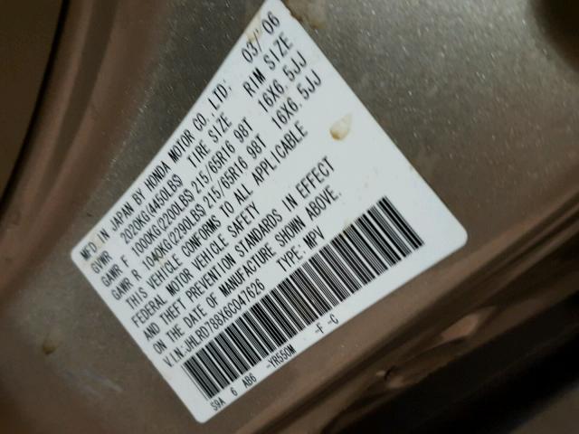 JHLRD788X6C047626 - 2006 HONDA CR-V EX ოქროსფერი ფოტო 10