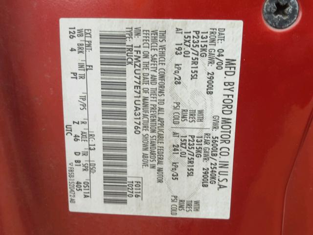 1FMZU77E71UA31760 - 2001 FORD EXPLORER S MAROON photo 10