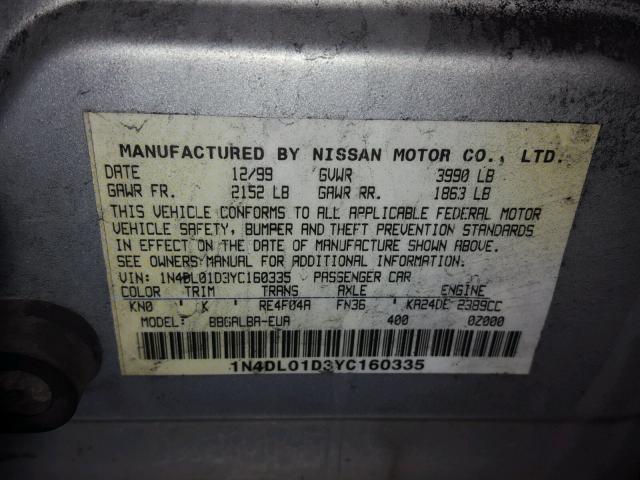 1N4DL01D3YC160335 - 2000 NISSAN ALTIMA XE SILVER photo 10