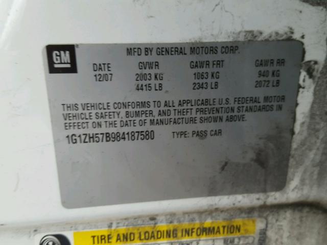 1G1ZH57B984187580 - 2008 CHEVROLET MALIBU 1LT 白色 照片 10