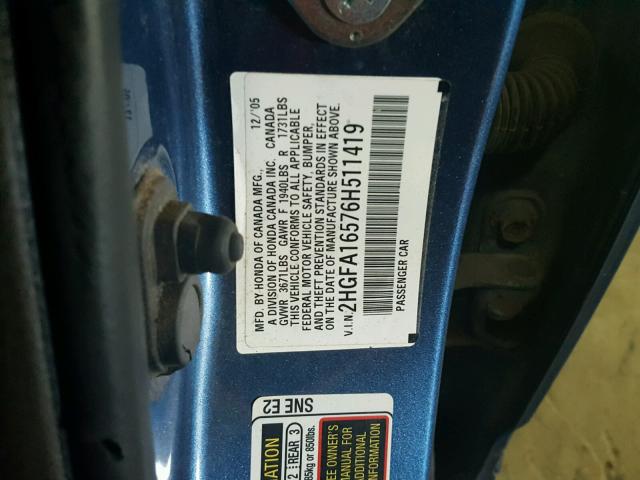 2HGFA16576H511419 - 2006 HONDA CIVIC LX BLUE photo 10