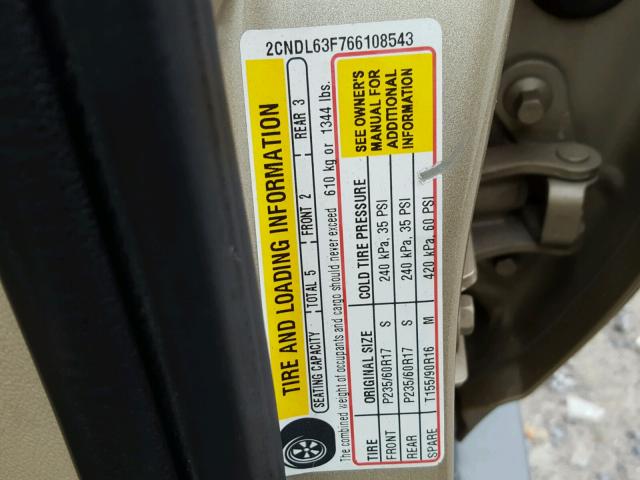 2CNDL63F766108543 - 2006 CHEVROLET EQUINOX LT BEIGE photo 10