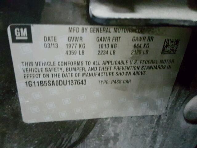 1G11B5SA0DU137643 - 2013 CHEVROLET MALIBU LS შავი ფოტო 10