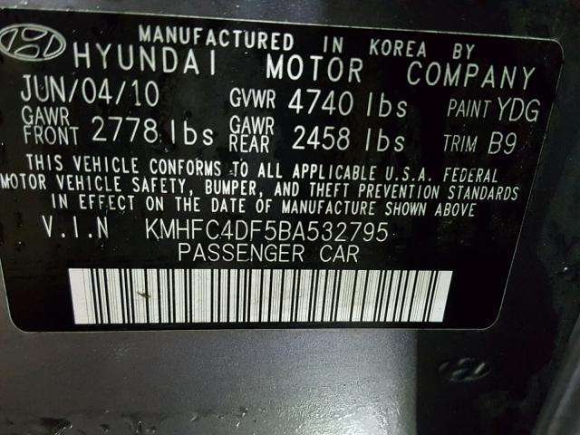 KMHFC4DF5BA532795 - 2011 HYUNDAI AZERA GLS GRAY photo 10