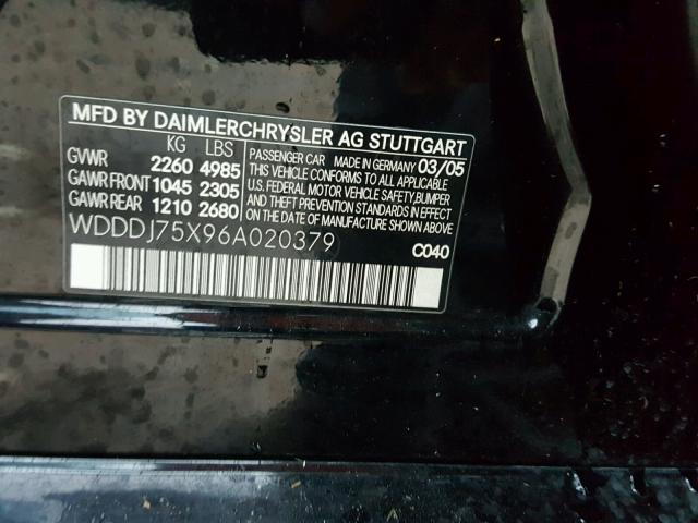 WDDDJ75X96A020379 - 2006 MERCEDES-BENZ CLS 500C BLACK photo 10