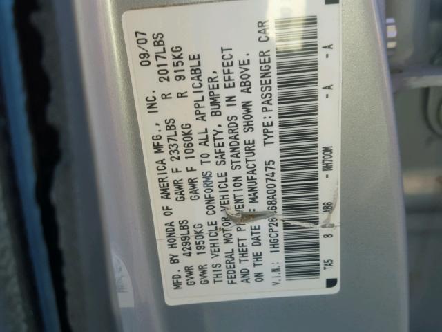 1HGCP26468A007475 - 2008 HONDA ACCORD LXP SILVER photo 10