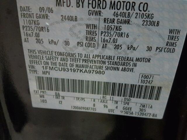 1FMCU93197KA97980 - 2007 FORD ESCAPE XLT BLACK photo 10