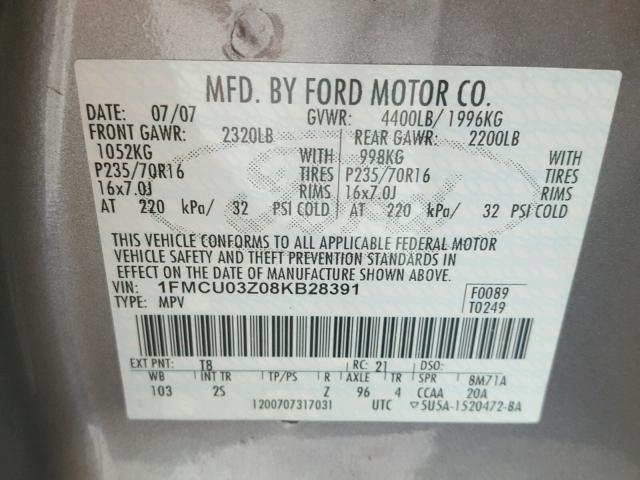 1FMCU03Z08KB28391 - 2008 FORD ESCAPE XLT GRAY photo 10