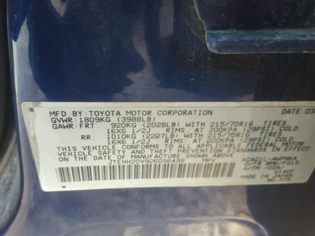 JTEHH20V926056498 - 2002 TOYOTA RAV4 BLUE photo 10