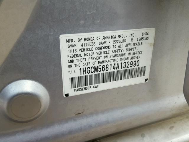 1HGCM56814A132990 - 2004 HONDA ACCORD EX SILVER photo 10