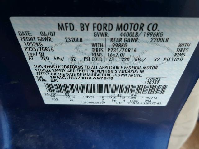 1FMCU03ZX8KA97649 - 2008 FORD ESCAPE XLT BLUE photo 10