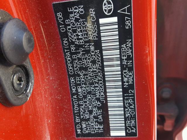 JTDKB20U587750224 - 2008 TOYOTA PRIUS RED photo 10