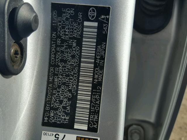 JTDKB20U967059209 - 2006 TOYOTA PRIUS SILVER photo 10