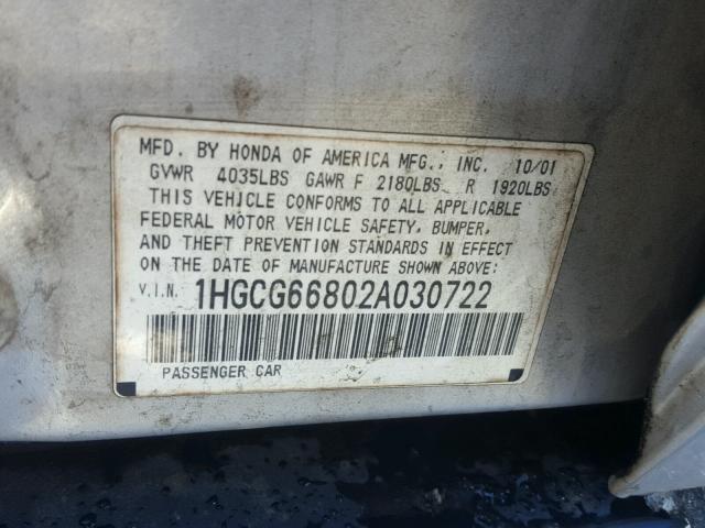 1HGCG66802A030722 - 2002 HONDA ACCORD EX SILVER photo 10