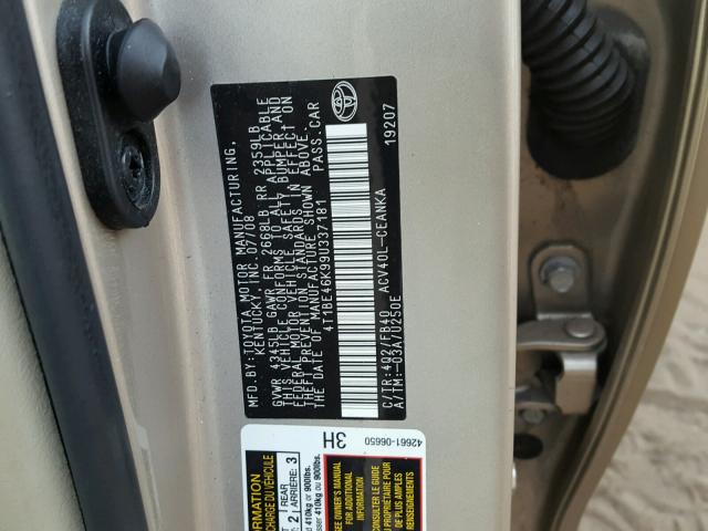 4T1BE46K99U337181 - 2009 TOYOTA CAMRY BASE ბეჟი ფოტო 10
