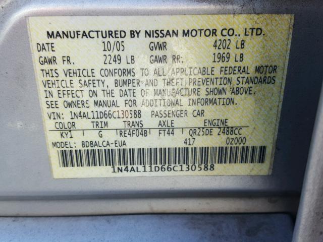 1N4AL11D66C130588 - 2006 NISSAN ALTIMA S SILVER photo 10