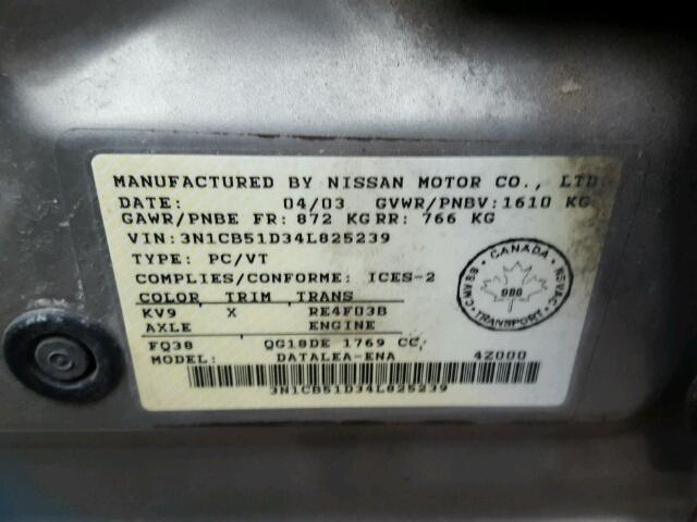 3N1CB51D34L825239 - 2004 NISSAN SENTRA 1.8 GRAY photo 10