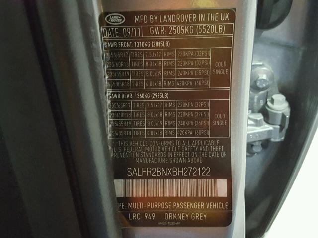 SALFR2BNXBH272122 - 2011 LAND ROVER LR2 HSE GRAY photo 10