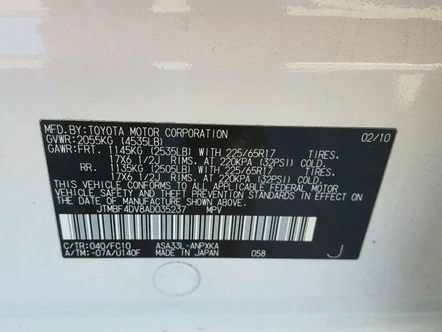 JTMBF4DV8AD035237 - 2010 TOYOTA RAV4 WHITE photo 10