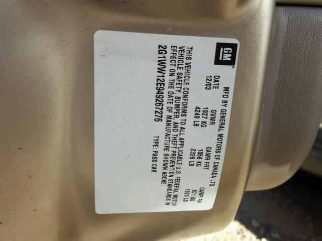 2G1WW12E949267276 - 2004 CHEVROLET MONTE CARL ოქროსფერი ფოტო 10