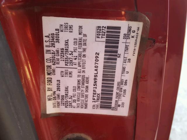 1FTEF15N9SLA07092 - 1995 FORD F150 RED photo 10