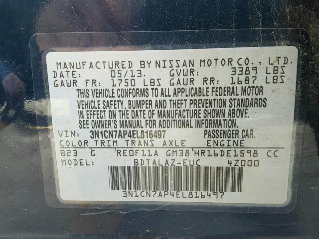 3N1CN7AP4EL816497 - 2014 NISSAN VERSA S BLUE photo 10