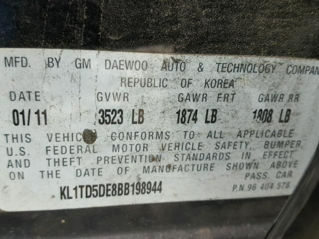 KL1TD5DE8BB198944 - 2011 CHEVROLET AVEO LS 黑色 照片 10